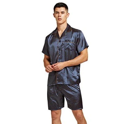 Image of Men&#039;s Short Sleeve Satin Pyjama Set with Shorts (Blue Golden, Medium)