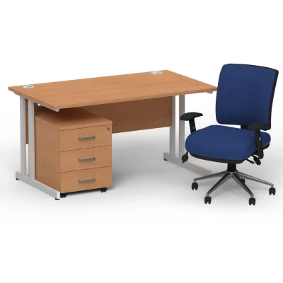 Image of Impulse 1400 Silver Cant Desk Oak + 3 Dr Mobile Ped &amp; Chiro Blue