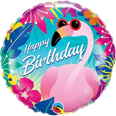 Image of Qualatex 18&quot; Foil Balloon Happy Birthday Tropical Flamingo