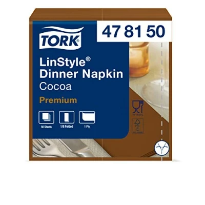 Image of Tork 478150 Premium Linstyle Cocoa Dinner Napkin 1/8 Folded / 1 Ply Absorbent Unprinted Serviette in Dark Brown 12 x 50 Sheets (WxL: 9.8cm 19.5cm)