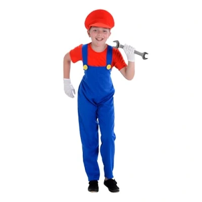 Image of The Fancy Dress® Kid&#039;s Super Boy Plumber Costume 1980s Retro Video Game Dress Mario Luigi Bros Halloween Cosplay For Boys (Red, Large)