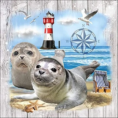 Image of 20 ct 6.5 Seal Couple Beach Paper Napkins Party Printed Blue Seahorse Cocktail Coastal Nautical Themed Starfish