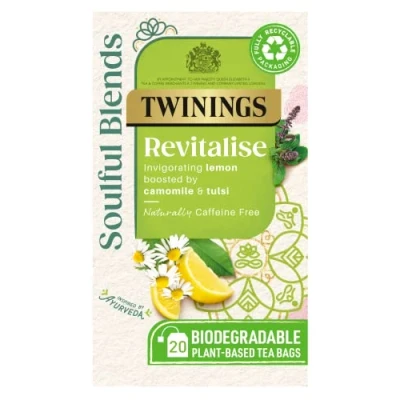 Image of Twinings Soulful Blends Revitalise Inspired by Ayurveda Invigorating Lemon Herbal Tea Infusion with Camomile &amp; Tulsi Tea, 20 x Biodegradable Bags