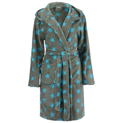 Image of Brandsseller Ladies stars hooded Bathrobe/Dressing Gown L/XL Grey/Turquoise
