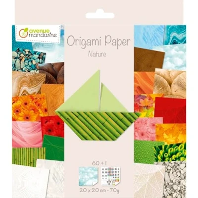 Image of Avenue Mandarine Ref 52503MD Origami Sheet Pack Nature 70gsm Clairefontaine Paper, 20 x 20cm Sheets, 60 Printed of Eye Stickers, Suitable for Ages 7+