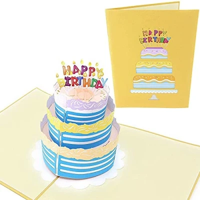 Image of PopLife Happy Birthday Card 3D Colorful Cake Pop Up HBD Candles Fold Flat for Mailing Gift Grandkids, Grandma, Over the Hill, Three tier Cake, Surprise Party, Small