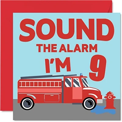 Image of 9th Birthday Card Boy Fire Engine Happy 9 Year Old Boy, Boys Cards for Him, 145mm x Greeting Son, Brother, Grandson, Nephew, Cousin, God Ninth