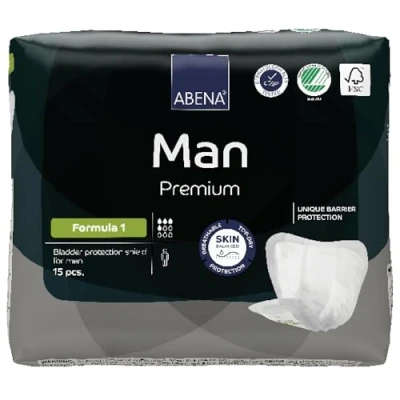 Image of Abena Man Formula 1 Incontinence Pads for Men, Eco Labelled Mens Pads, Extra Protection, Breathable &amp; Comfortable with Fast Absorption, Discreet 450ml Absorbency, 15PK
