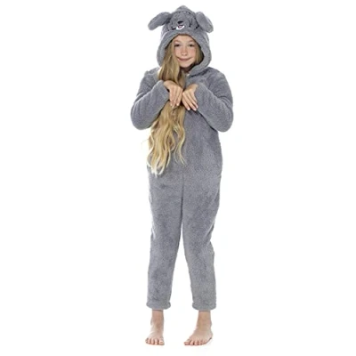 Image of Slumber Hut® Girls Novelty Fleece Onesie Hooded Grey Cockapoo Dog Snuggle Shaggy Childrens Kids Luxury Loungewear 11 12 Years