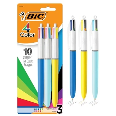 Image of BIC 4 Color Ballpoint Pens, Medium Point (1.0mm), Colors in 1 Set of Multicolored 3 Count Pack, Pens for School Supplies