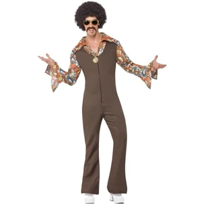 Image of Smiffys Groovy Boogie Costume, Brown Jumpsuit with Attached Shirt, 1970&#039;s Disco Fancy Dress, Adult Dress Up Costumes