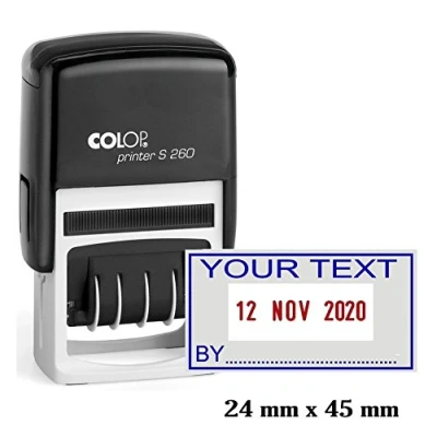 Image of Self Inking COLOP S260 Dater Stamp Custom Text with Date Stamper Rubber Office Stationary Blue Red