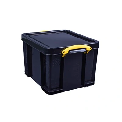 Image of Really Useful Plastic Storage Box 35 Litre Solid Black with Yellow Handles