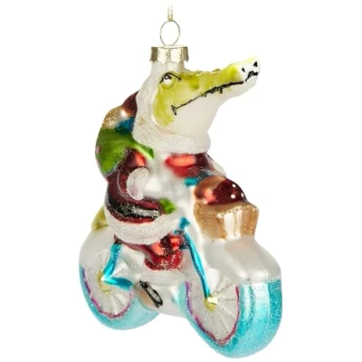 Image of BRUBAKER Crocodile Santa Claus on a Bicycle Hand Painted Glass Christmas Bauble 5.1 inches (13 cm) Tree Funny Decoration Pendant Mouth Blown
