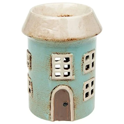 Image of Shudehill Giftware Village Pottery Round Pale Blue House Ceramic Tealight Holder and Warmer for Wax Melts Oil