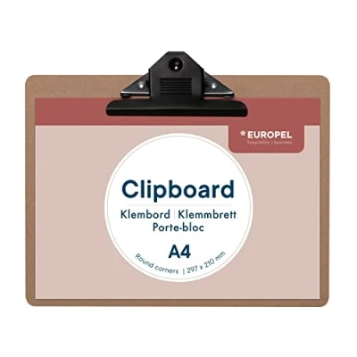 Image of Europel Wooden Clipboard Durable Wood Hardboard with Black Metal Clip &amp; Concealed Hanging Hole A4 Paper Board for School Classroom, Office, Business, Restaurant, Warehouse 197001