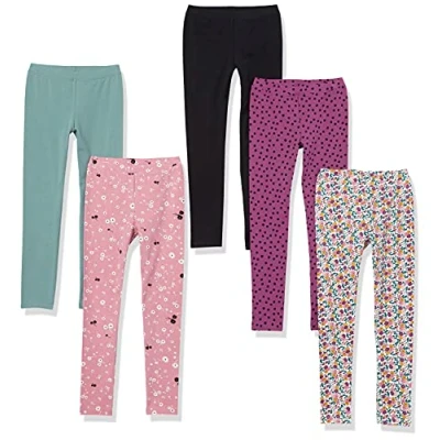 Image of Amazon Essentials Girls&#039; Leggings, Pack of 5, Black/Pink Flowers/Purple Dots/Turquoise Green/White Ditsy Floral, 8 Years