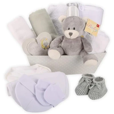 Image of Baby Box Shop 17 Unisex Gifts Ideal for Shower Gifts, Gender Reveal &amp; Christenings with New Essentials Newborn and Plush Grey Teddy Bear