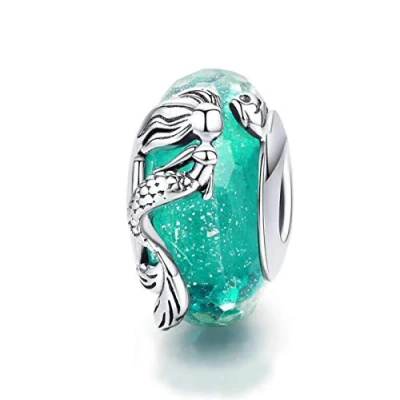 Image of Murano Glass Bead Sterling Silver Core Charms For Pandora Charm Bracelets (Ocean Mermaid Charm)