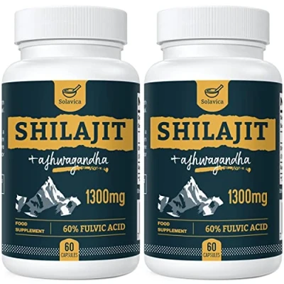 Image of Solavica Shilajit Capsules 1300mg per Serving with Ashwagandha Root Extract, 60% Fulvic Acid, Pure High Strength Supplement for Stamina and Stress, 60 Count (Pack of 2)