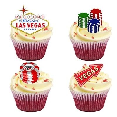 Image of 16 Stand Up Las Vegas Themed Premium Edible Wafer Paper Cake Toppers Decorations