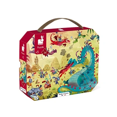 Image of Janod Child Puzzle Dragons 54 Pieces Educational Game Fine Motor Skills and Concentration Case with Handle Made In France Fsc Certified Green Inks from 5 Years Old, J02615