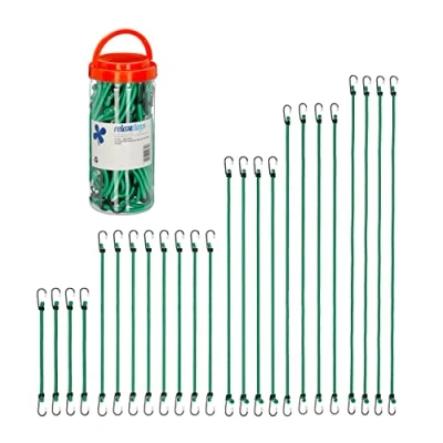 Image of Relaxdays Bungee Cords with Hooks, Set of 24, Bike &amp; Car Cargo Strap, Universal Elastic Band for Luggage, 5 Sizes, Green