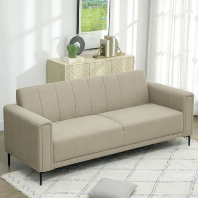 Image of HOMCOM 3 Seater Sofa, Modern Fabric Sofa Couch, Channel Tufted Upholstered Settee for Living Room, Guest Bedroom, Home Office, Khaki