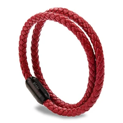 Image of Globi Leather Bracelet For Men Genuine Wrap Braided Cuff Bangle with Magnetic Stainless Steel Clasp Men/Women (Red 7.5)
