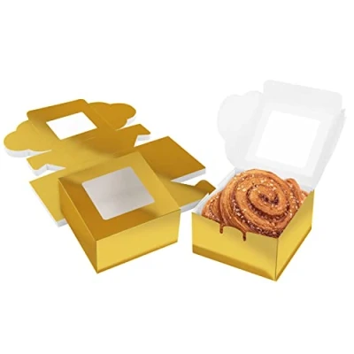 Image of BELLE VOUS 50 Pack Gold Paper Kraft Single Bakery Pastry Boxes with Windows 10.16 x 5.7cm/ 4 2.24 inches Disposable Packaging for Cookies, Cup Cakes, Desserts, Pies &amp; Gifts