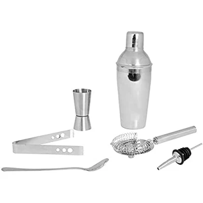 Image of Kosma Pack of 6 Stainless Steel Cocktail Set Bar Tool (Cocktail Shaker 500ml, Peg Measurer 30x60ml, Ice Tong 5.5&quot;, Strainer, Mixing Spoon 8&quot;, Free Flow Wine Pourer)