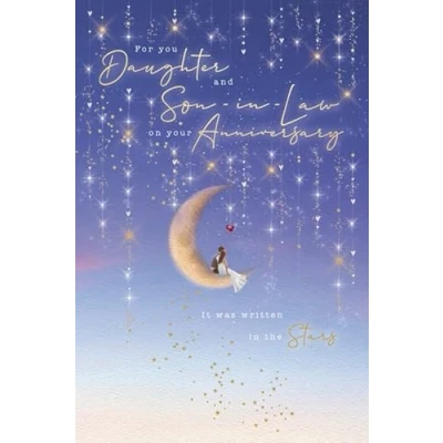 Image of Abacus Cards &#039;Happy Anniversary&#039; Greeting Card Daughter &amp; Son in Law Stargazing From Moon The Porcelain Rose Range Embossed With A Gold Foil Finish