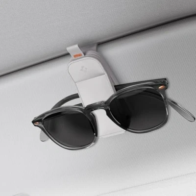 Image of Spigen Tesla Model Y/3 2023 2024 Highland [Premium Vegan Leather] Universal Silicon Clip Sunglasses Holder for Car Sun Visor, Accessories, Compatible With BMW, Ford, Audi, Etc 2 Pack, Black