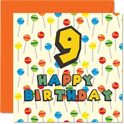 Image of 9th Birthday Card Unisex Lollipop Sweets Candy Happy 9 Year Old Son Daughter Brother Sister Grandson Granddaughter Niece Nephew Cousin, 145mm x Ninth Bday Greeting
