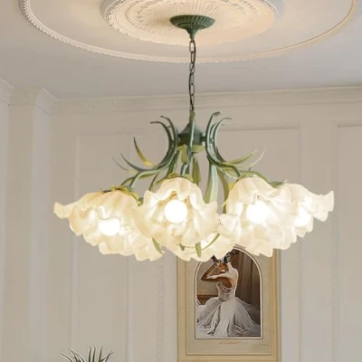 Image of BRRSKBK 8 Lights Milk Glass Flower Chandelier Green Large Pendant Light Nordic Modern Floral Ceiling Hanging Lamp Foyer For Entryway Dining Room Living Girls Bedroom Kitchen Island