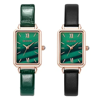 Image of JewelryWe Wrist Watches for Women Round/Square Green Dial Analog Quartz Watch Simple Stylish Casual Leather Wristwatch