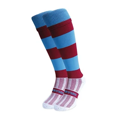Image of WackySox Maroon and Sky Blue Hoop Rugby Socks, Sports Socks for Men Women, Mens Work Perfect Riding, Football, Running, Hockey other Activities