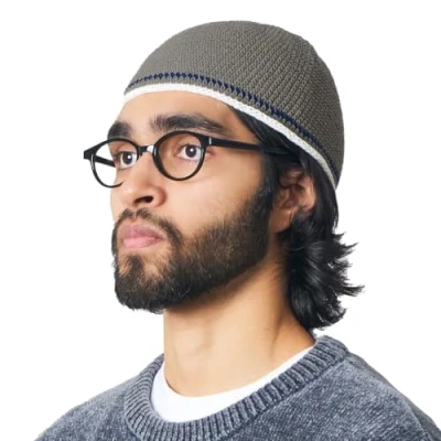 Image of Mens Skull Cap Cotton Kufi Beanie Hand Made Knitted Hat Elastic Tight Japanese Charcoal Gray