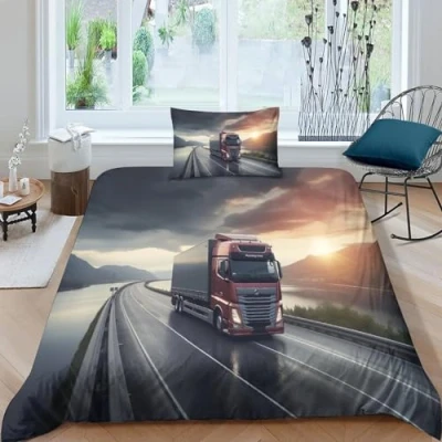 Image of GEEYOU Lorries Warmth Comforter Cover Hidden Zipper Trucks Duvet Set with Pillowcases Bedding Soft Microfiber Quilt Various Sizes for Kids Adults Single（135x200cm）