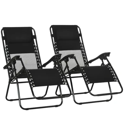 Image of Outsunny Garden Recliner Chairs Set of 2, Outdoor Foldable Zero Gravity w/Footstool and Detachable Headrest, Black