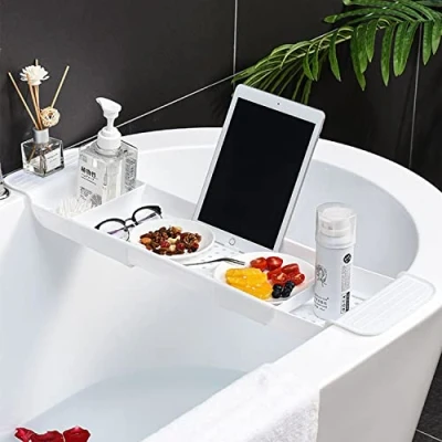 Image of Expandable Drain Bath Shelf Caddy Tray, Multifunctional Plastic Bathtub Tray Bathroom Organizer Simple Stylish Storage Rack for Candle Towel, Book, Wine, Phone, Shower (White)