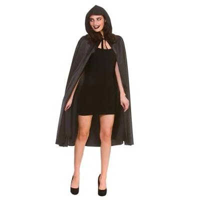Image of Wicked Costumes Adult Deluxe Black Satin Hooded Cape Fancy Dress Accessory 110cm