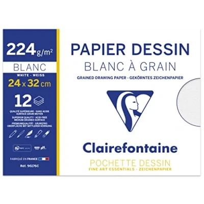 Image of Clairefontaine Ref 96176C Grained Drawing Paper (Pack of 12 Sheets) 24 x 32cm Size, 224gsm Paper, Acid Free Light Grain Side &amp; Heavy White