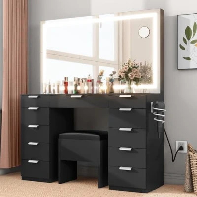 Image of YITAHOME Dressing Table with LED Lights,Glass Top Bedroom Vanity Large Mirror and Stool,Vanity Desk 11 Drawers,Black