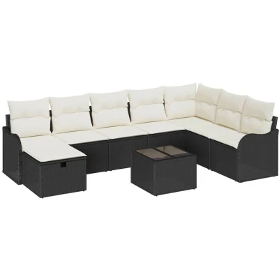 Image of vidaXL 9 Piece Garden Sofa Set with Cushions in Black Poly Rattan