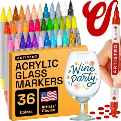 Image of ARTISTRO Acrylic Paint Pens, Markers Dual Tip Markers, for Fabric, Canvas, Rock, Glass, Wood, Paper, DIY, (Dual Dot + Brush, 36)