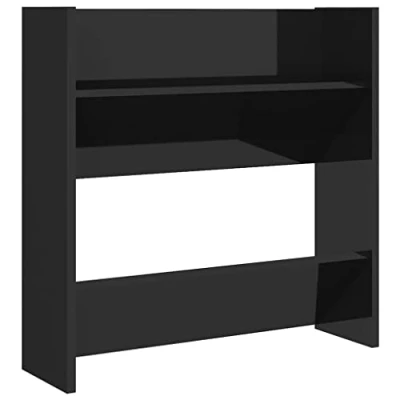 Image of vidaXL Wall Shoe Cabinet in High Gloss Black Engineered Wood Material Compact Mounted Design 2 Tier Tipping Shelves for Storage