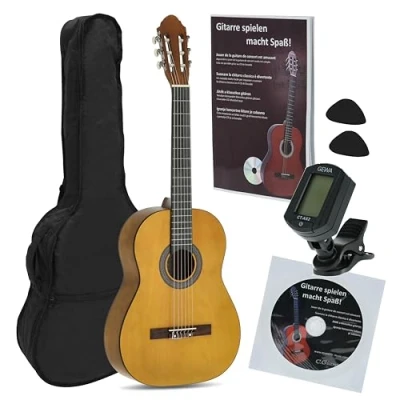 Image of JUAN MIGUEL NAVARREZ classical guitar 4/4 starter set honey (bag, tuner, picks, book with CD)