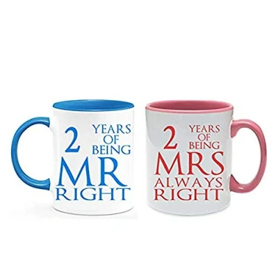 Image of Cotton Anniversary 2 Years Being Mr Right &amp; Mrs Always Set of Wedding Anniversary, Valentines Day, Coloured Couple Mug Set. (2 Years)
