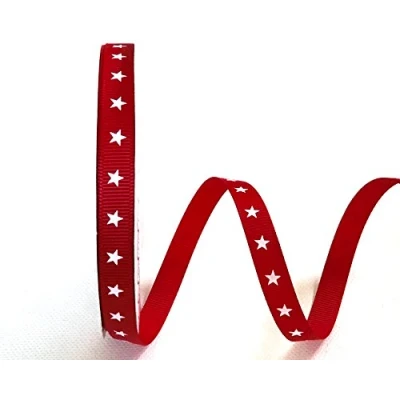 Image of Bertie&#039;s Bows White Star Print 9mm Red Grosgrain Ribbon on 25m Roll